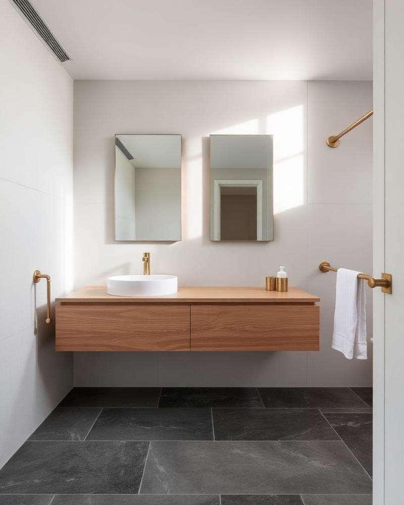 Modern bathroom with floating oak vanity and slate tile